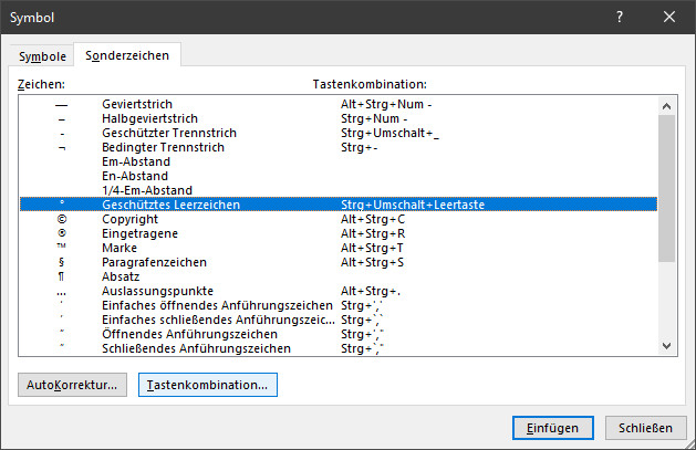 Geschütztes Leerzeichen im Word Symboldialog