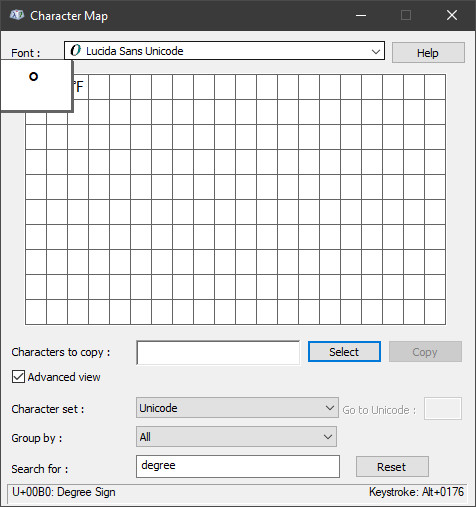 Insert the degree symbol using Windows Character Map