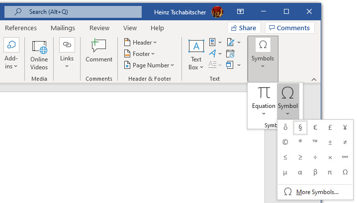 Insert the section sign using the Word ribbon