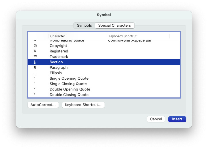 Insert the section symbol in Word for Mac the Special Characters dialog