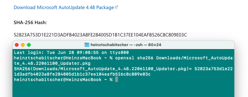 Check the Microsoft AutoUpdate for Mac sha256 checksum before installing