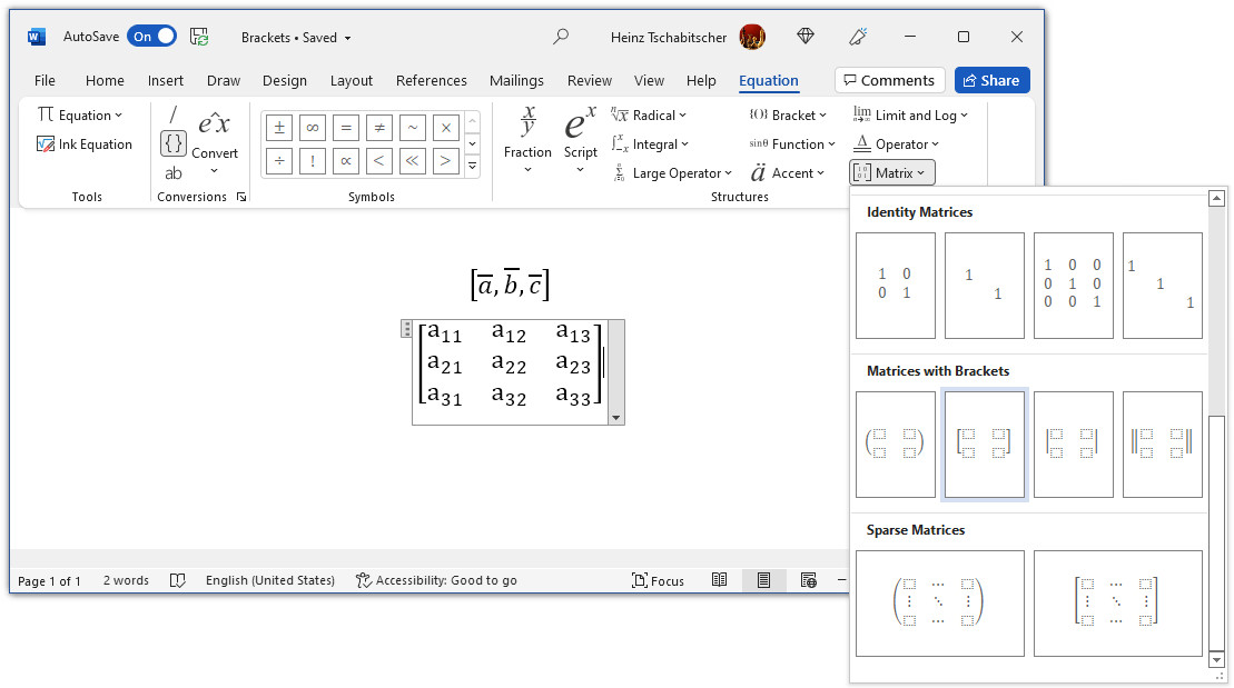 How to insert square brackets for a matrix in Microsoft Word