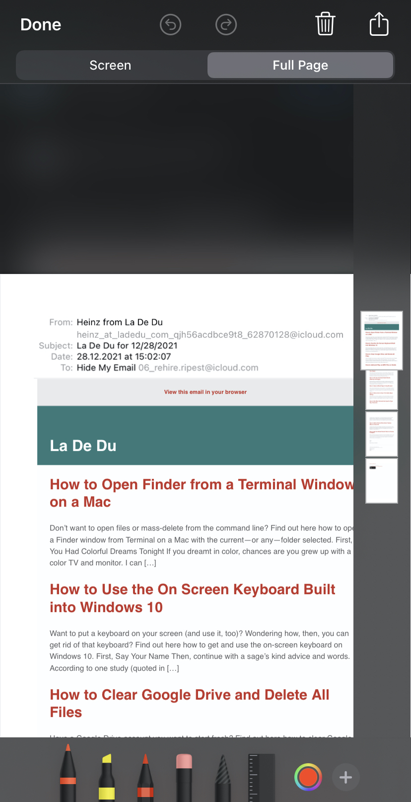 Select “Full Page” in the iPhone screenshot editor to save an email as a PDF file