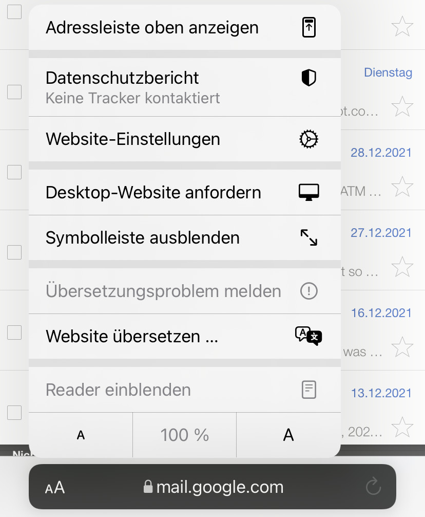 Wählen Sie „Desktop-Website anfordern“ um Desktop-Gmail zu laden