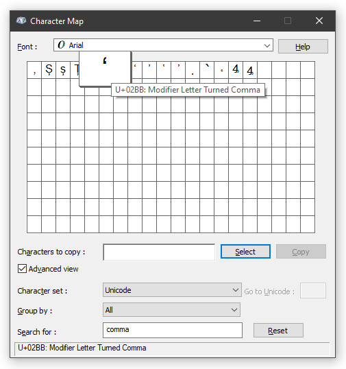 Insert the Hawaiian ʻokina character on Windows using Character Map