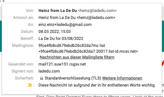 Gmail zeigt die wichtigsten Kopfzeilen in einer formatierten Ansicht