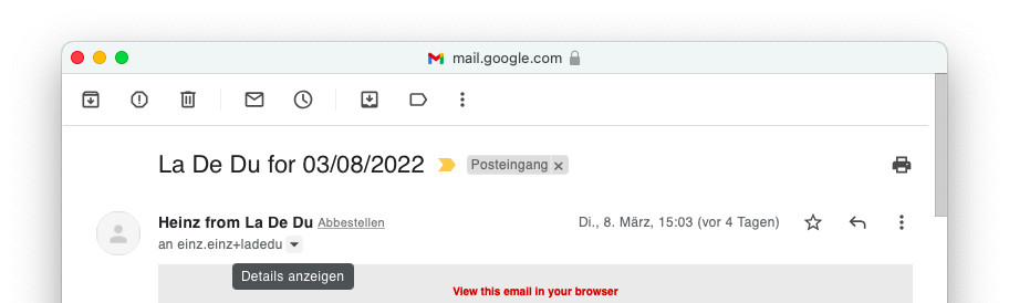 Klicken Sie „Details anzeigen“, um in Gmail die wichtigsten Email Header zu sehen