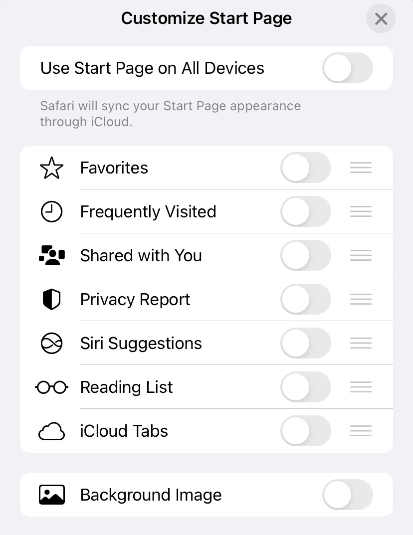 A blank start page for Safari on iPhone