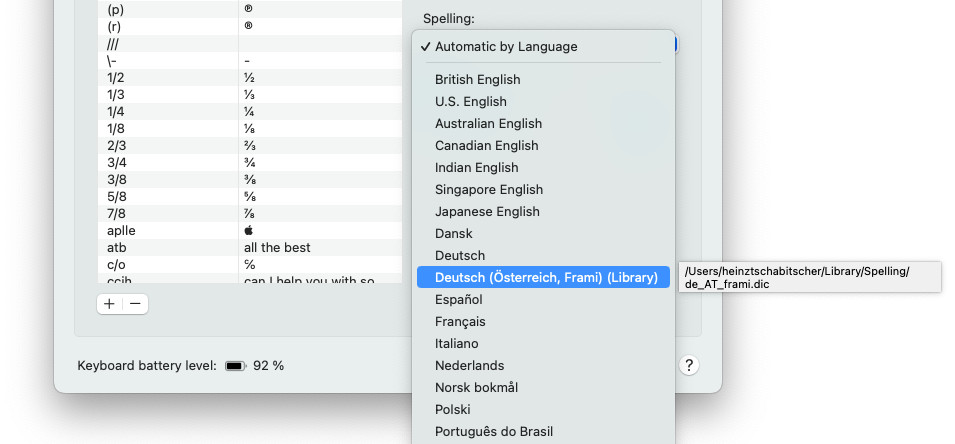 A custom hunspell spell checking dictionary added to a Mac