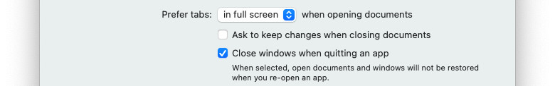 Check “Close windows with quitting an app” to start Safari fresh each time