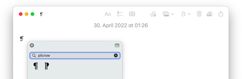 Mit dem Mac Emoji-Panel lassen sich die Zeichen fürs Markieren eines Absatzes einfügen