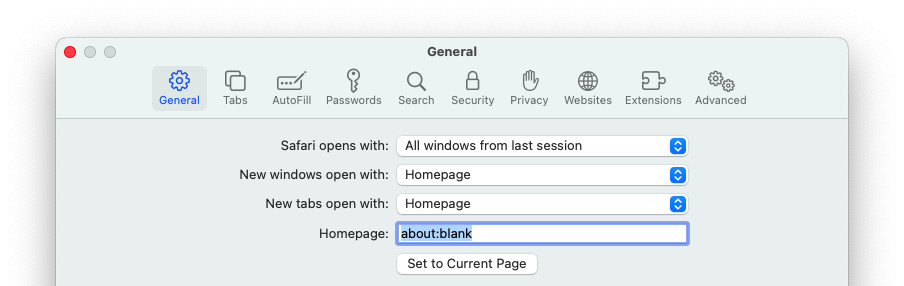 Make about:blank the home page in Safari