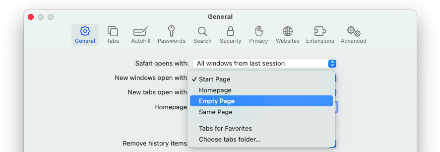 Select “Empty Page” for opening new windows and tabs in Safari for Mac