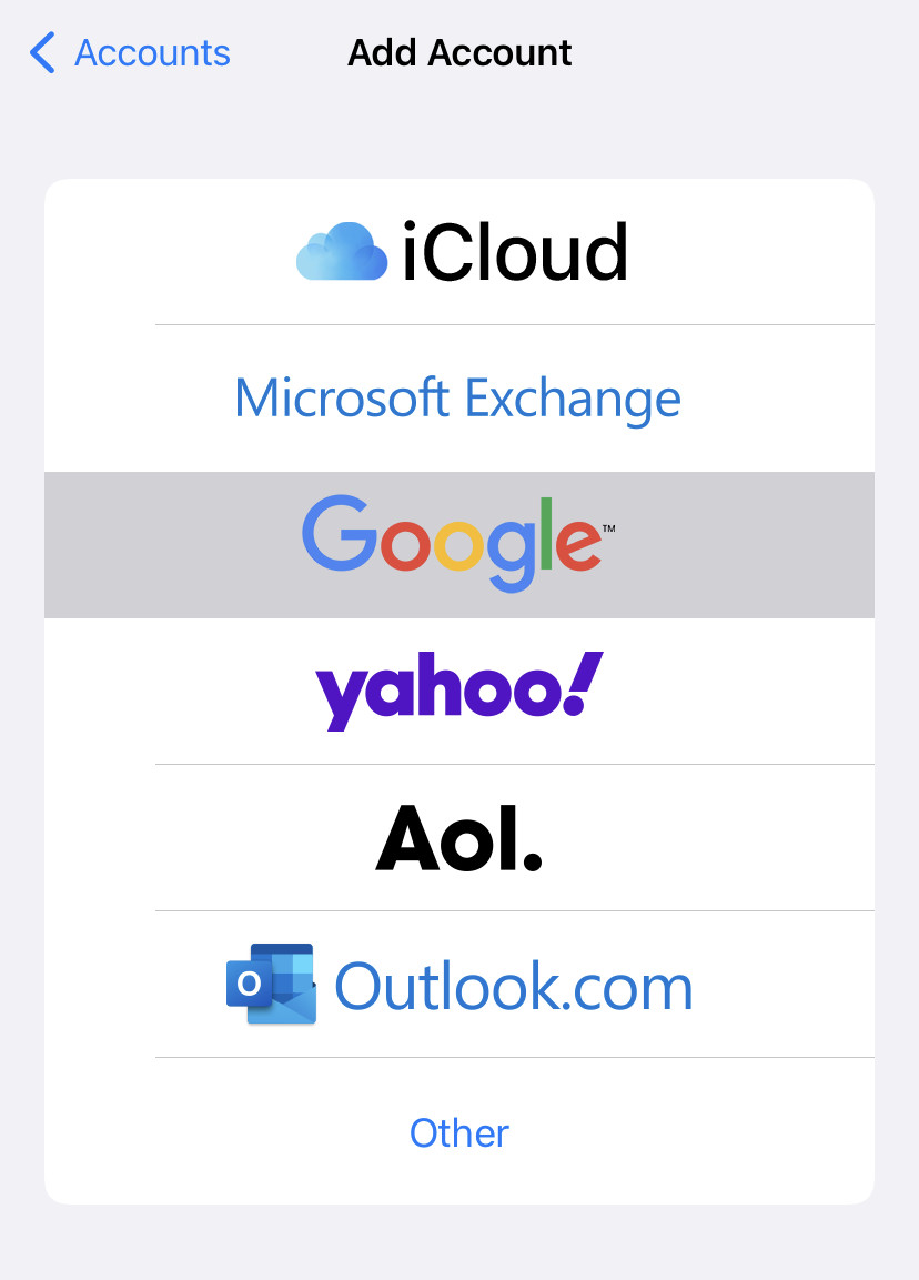 Choose “Google” to add a Gmail account to iPhone Mail