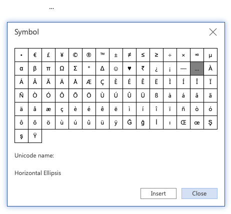 Insert an ellipsis using Word on the Web