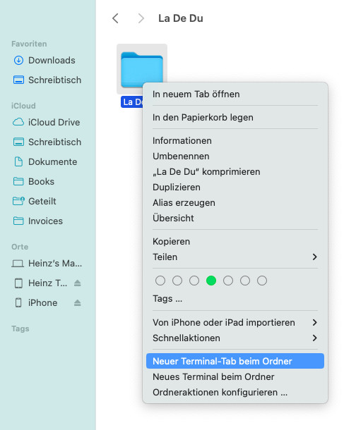 Wählen Sie „Neuer Terminal-Tab beim Ordner“, um eine Eingabeaufforderung am Ordner zu öffnen