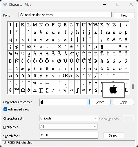 Copy the Apple logo for inserting in text with Windows Character Map and Baskerville Old Face