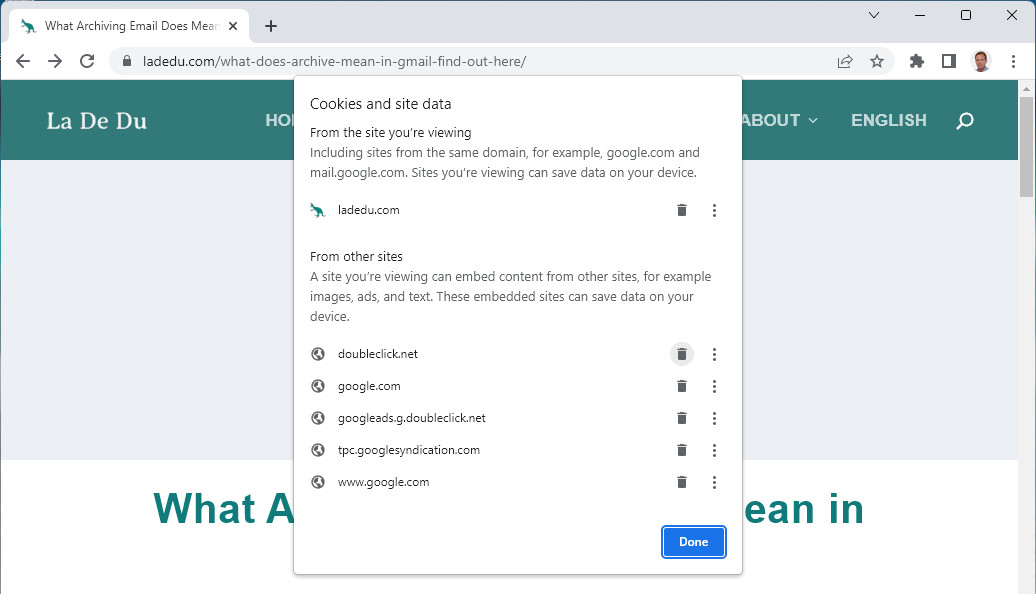 Use the trash icon to remove one domain’s cookies