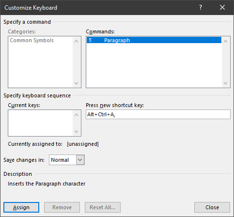 Add a keyboard shortcut for the paragraph sign to Word for Windows