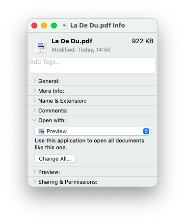 Click “Change All…” to make Preview the default for PDF files on a Mac
