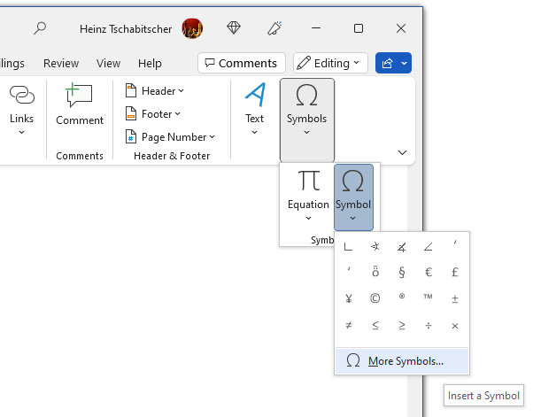 Open the “Symbols” Dialog in Word for Windows