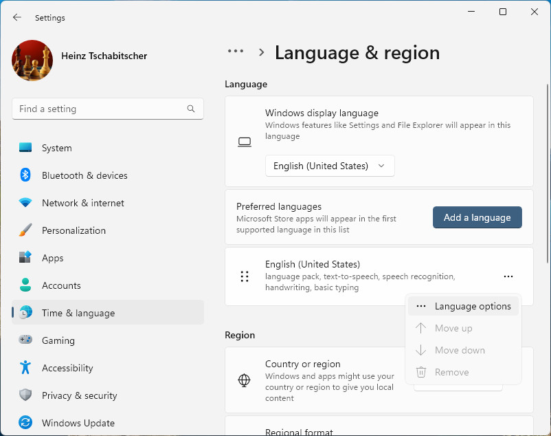 Choose “Language options” in Windows settings