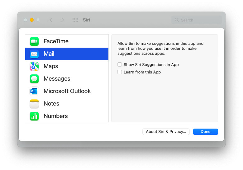 Disable Siri suggestions and data collecting for a Mac App