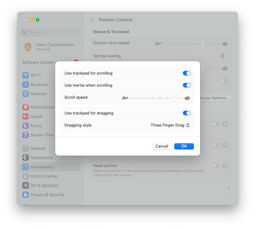 Enable three finger dragging on a Mac