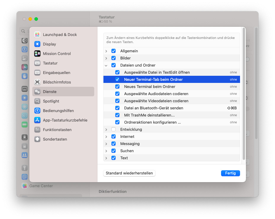 Aktivieren Sie „Neuer Terminal-Tab beim Ordner“, um einfach Terminal-Fenster vom Mac Finder aus zu öffnen