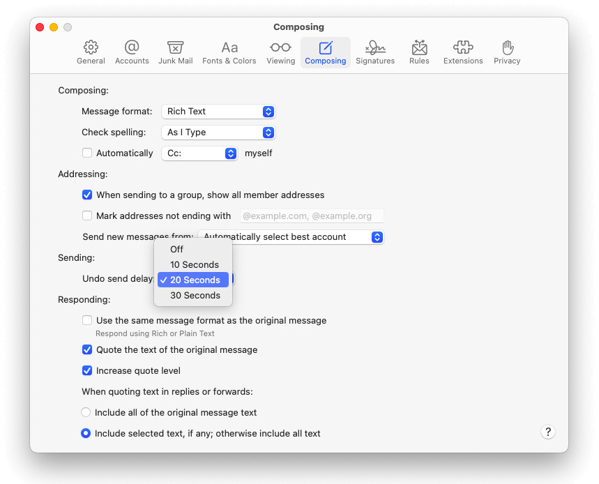 Choose the delay for undo send in Apple Mail for Mac