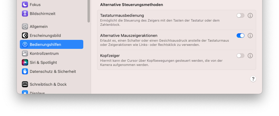Schalten Sie „Alternative Mauszeigeraktionen“ ein, um mit der Tastatur am Mac einen Rechtsklick zu bewirken