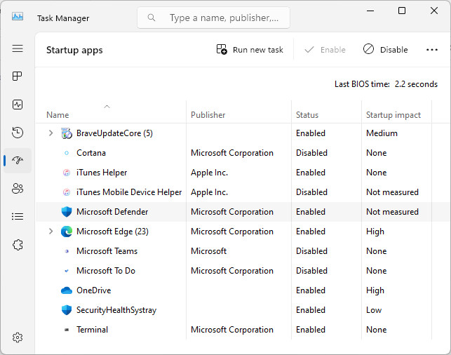 Viewing and disabling startup apps in Windows 11 Tast Manager