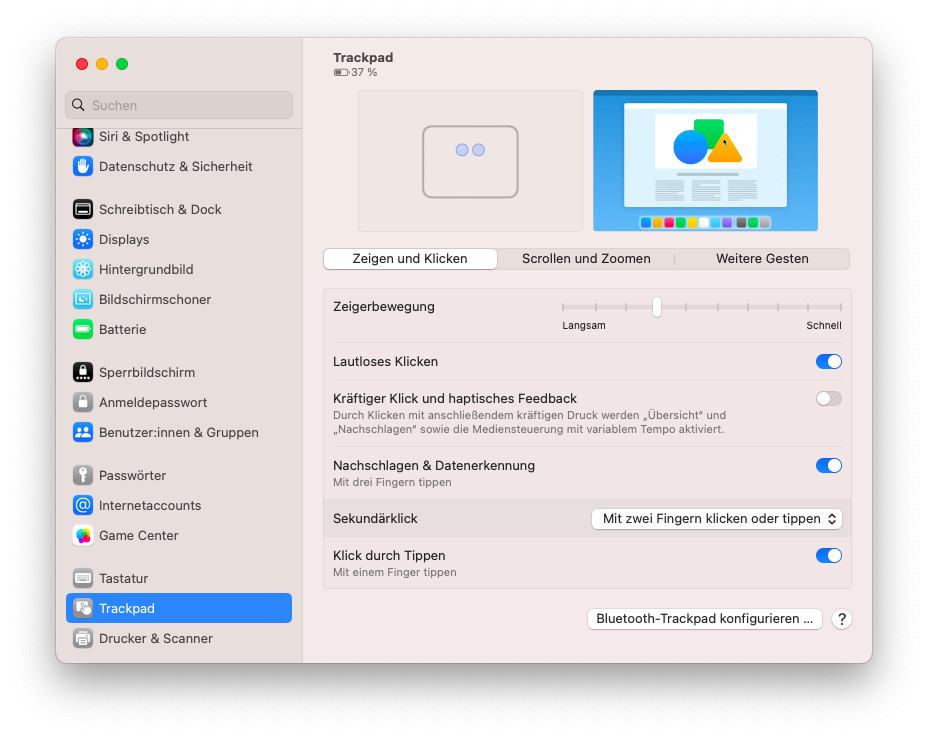 Wählen Sie „Mit zwei Fingern klicken oder Tippen“ für Rechtsklick am Mac mit zwei Fingern