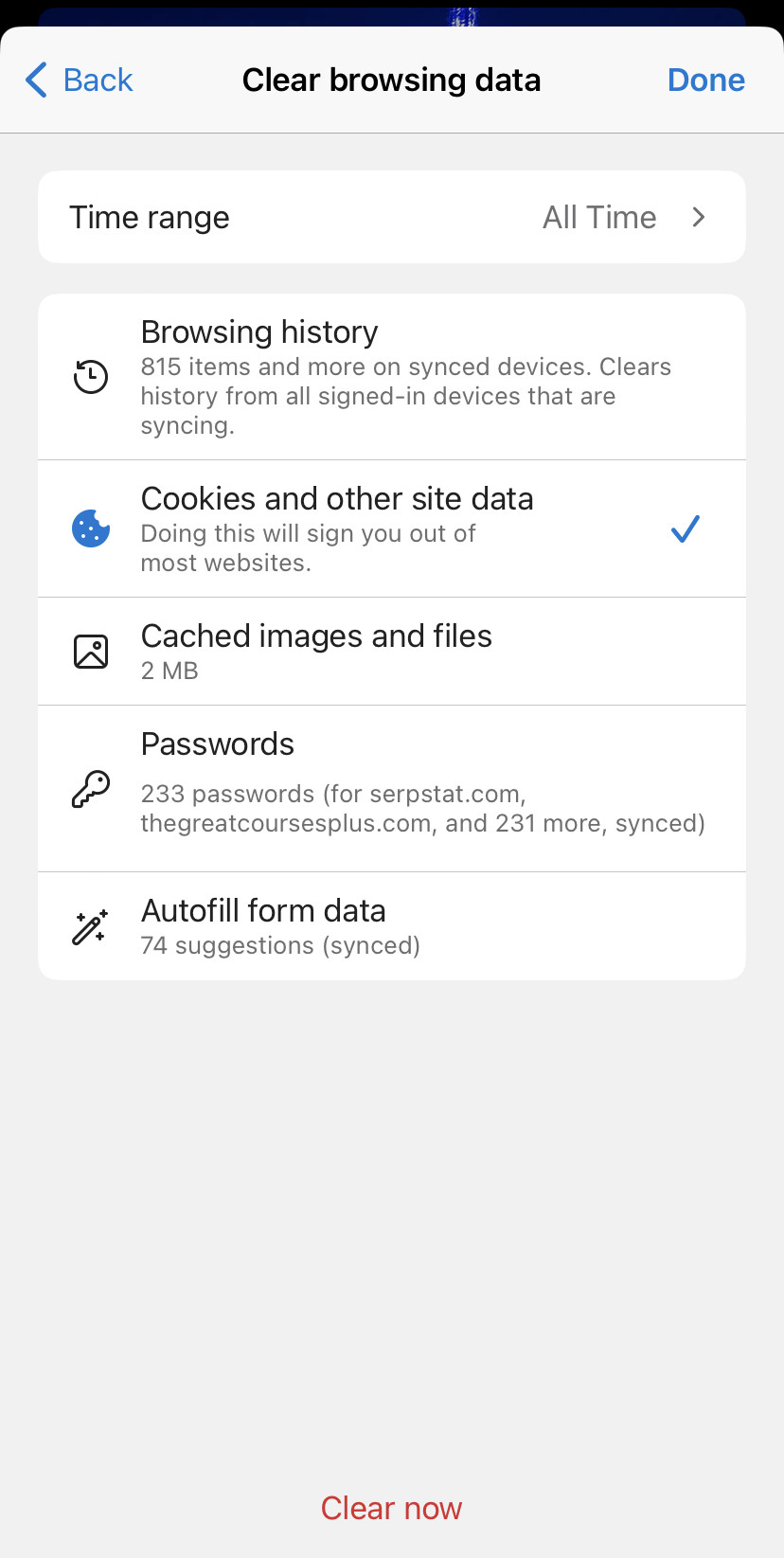 Clearning cookies in Microsoft Edge browser on iPhone