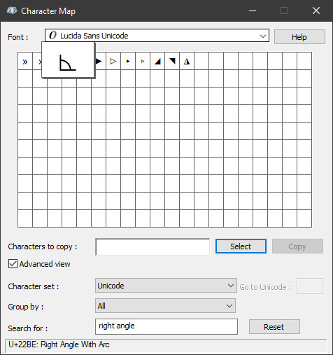 Insert the right angle symbol using Windows Character Map
