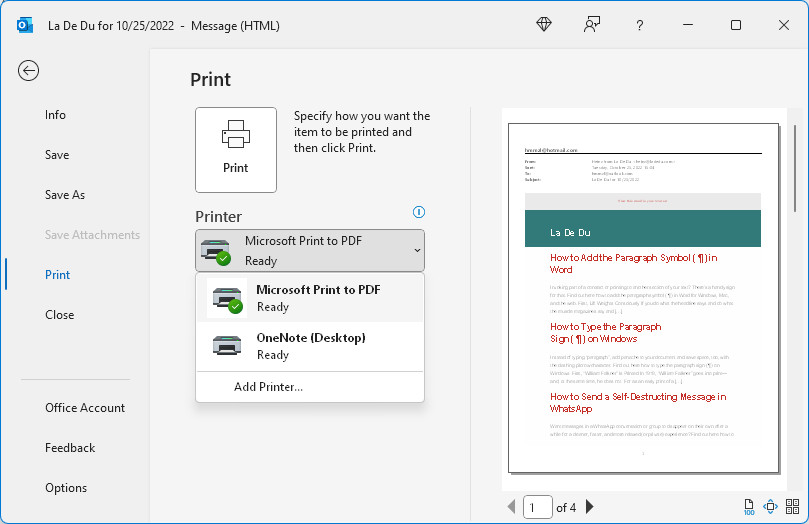 Save an Email to PDF from Outlook for Windows using Microsoft Print to PDF