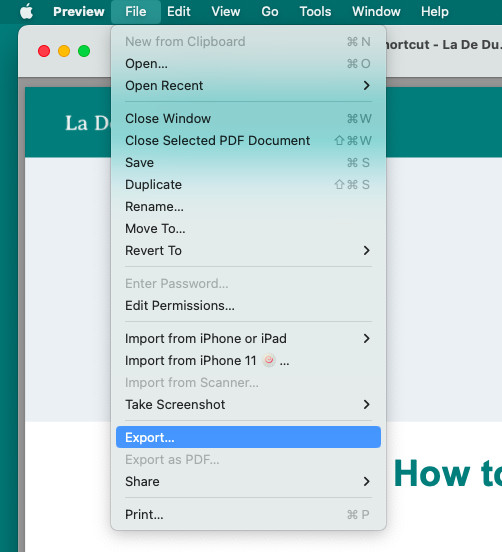 Select “File | Export…” to convert an image in Mac Preview