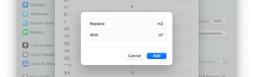 Add a text replacement for squared meters on a Mac