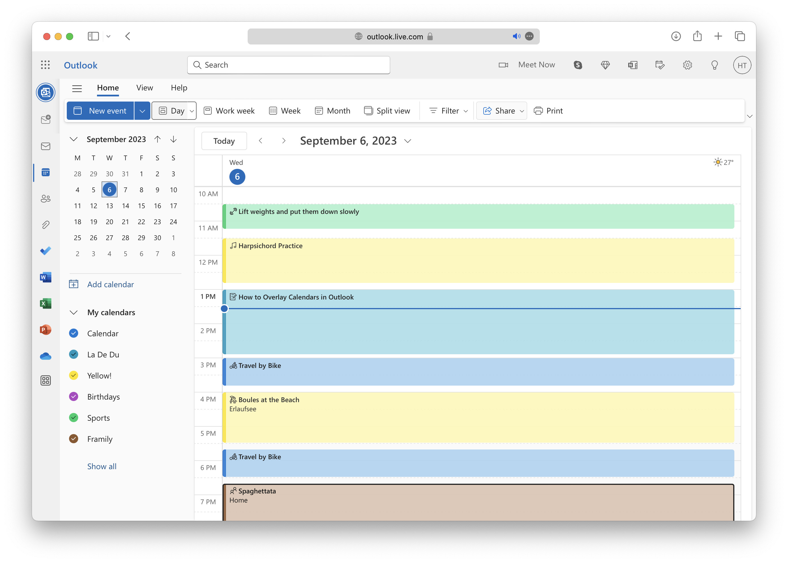 Overlaying calendars is the default in Outlook on the Web
