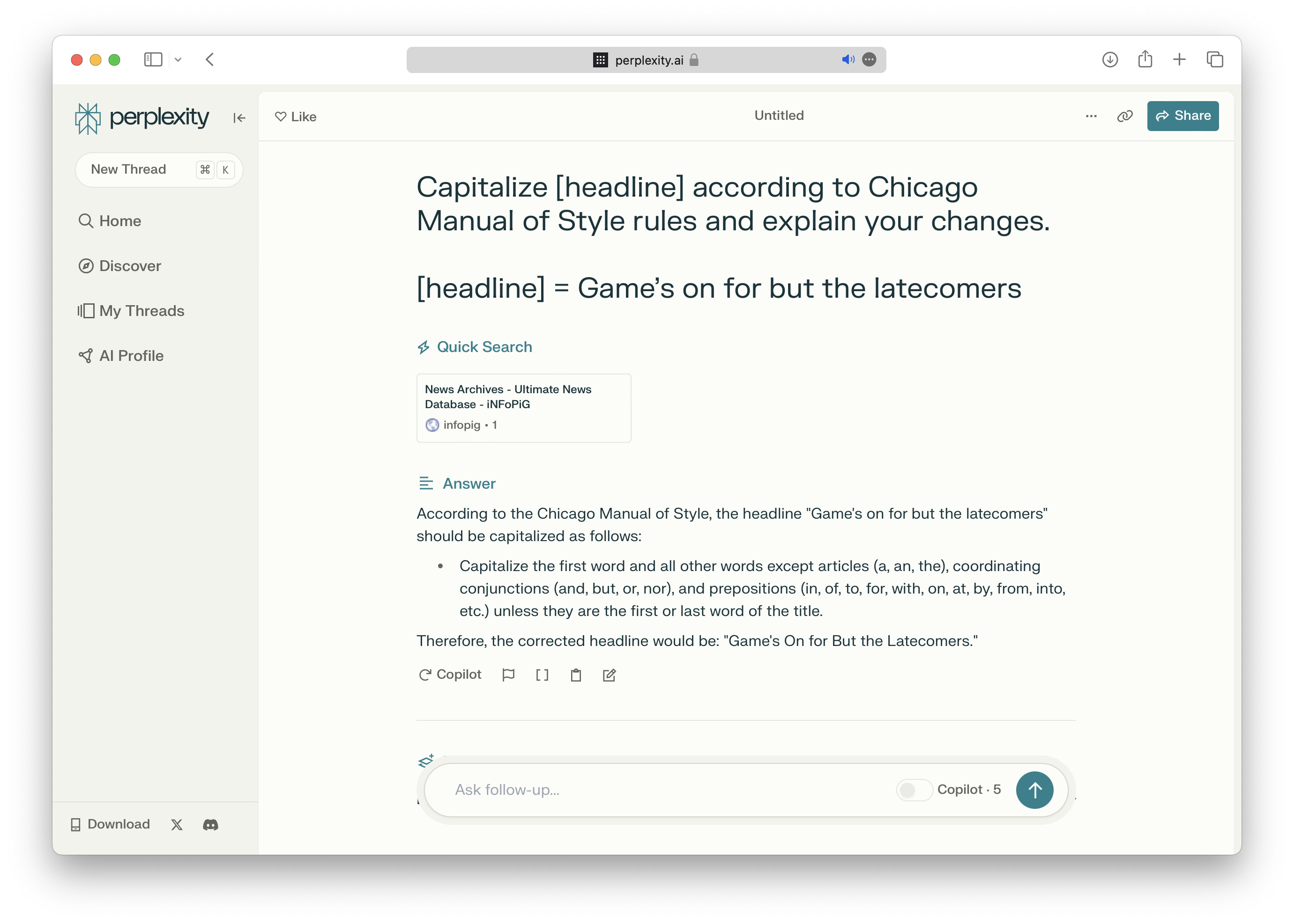 Perplexity.ai for headline capitalization