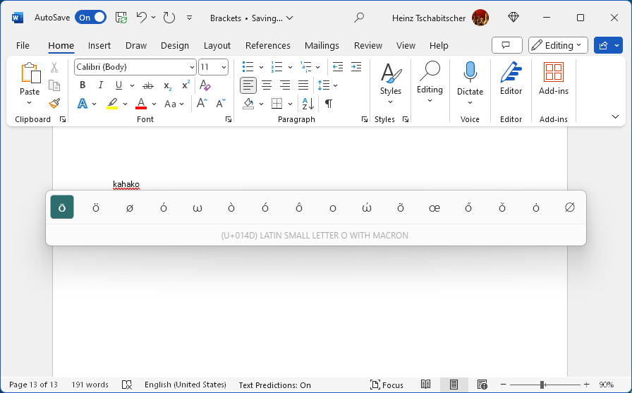 Add a kahakō in Word with Quck Accent