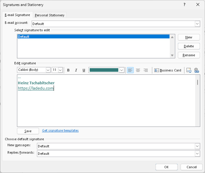 Add a new default signature for an email account in Outlook for Windows