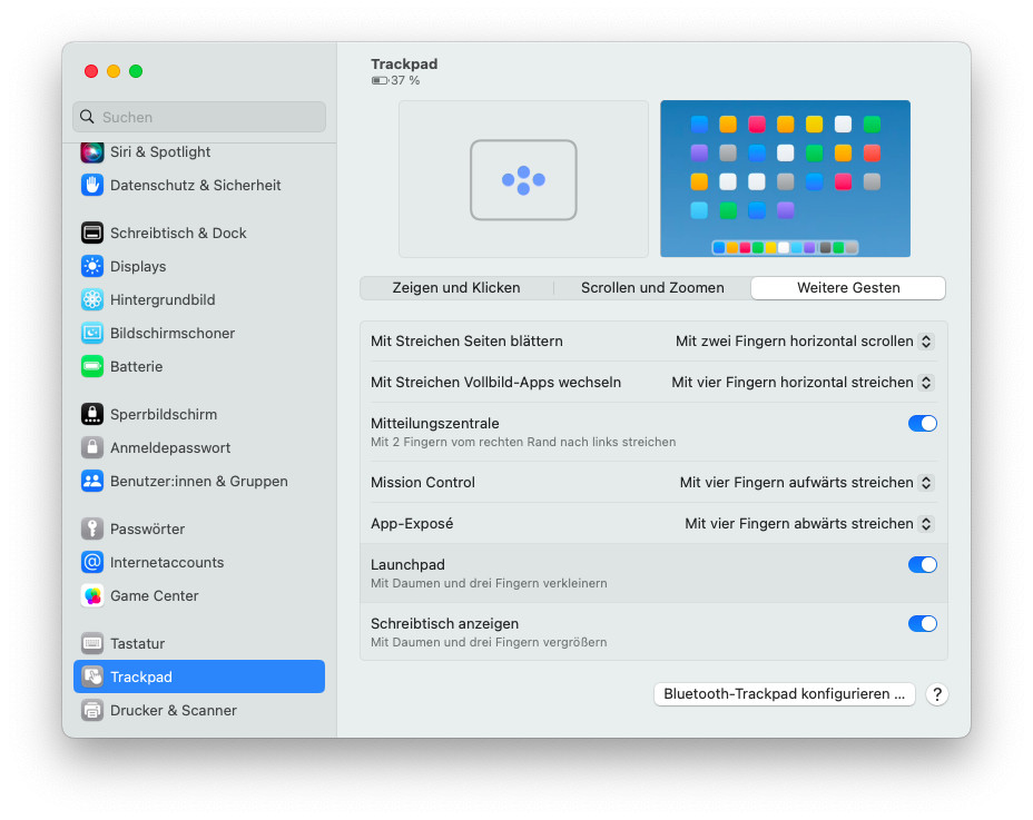 Die Trackpad-Geste zum Öffnen von Launchpad lässt sich hier einschalten