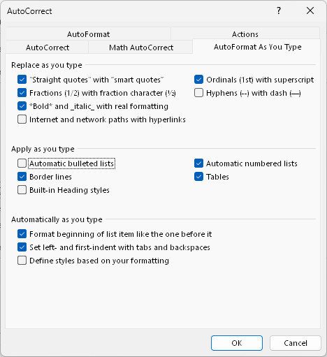 Disable automatic bulleted lists for the standard signature delimiter in Outlook for Windows