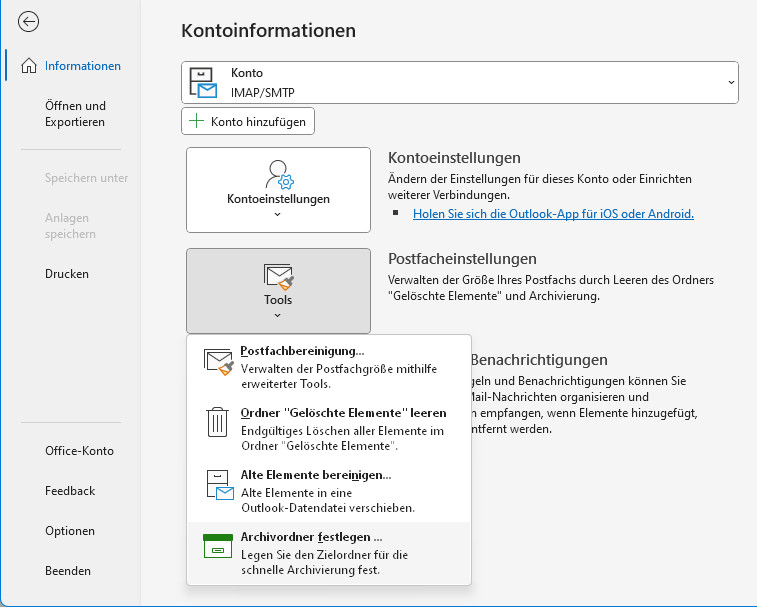In Outlook für Windows den Ordner fürs Archiv festlegen (IMAP und POP)