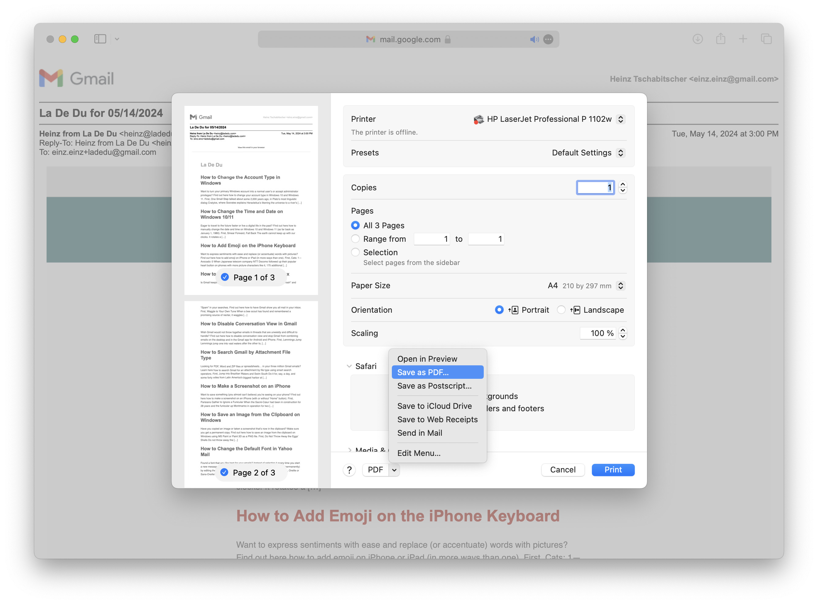 Saving a Gmail email as a PDF file in Gmail on a Mac