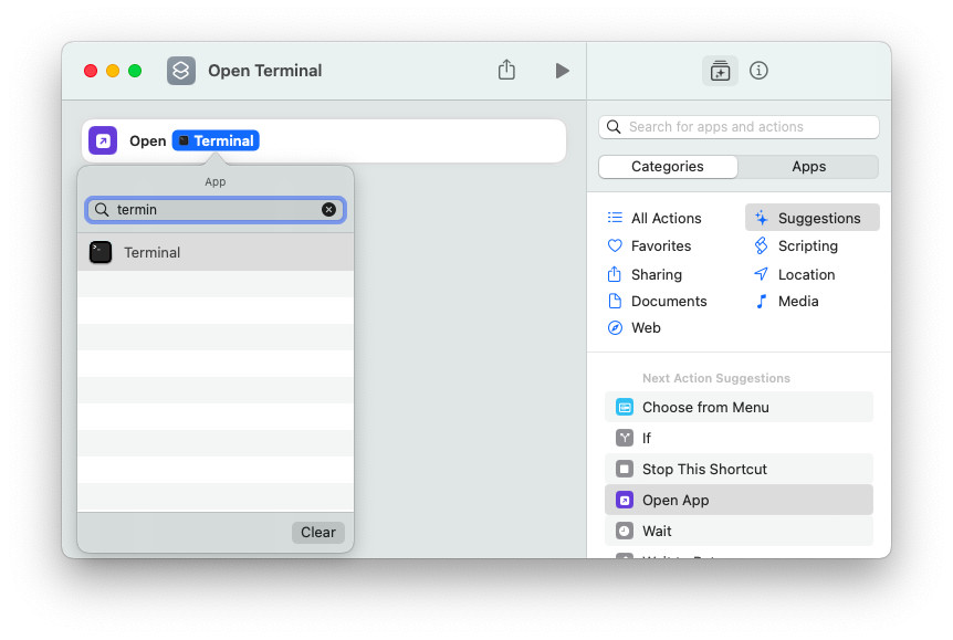 Set up a new Mac Automator action for opening Terminal