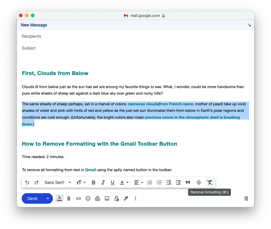 This is where you can find the “Remove formatting” button on the Gmail editing toolbar
