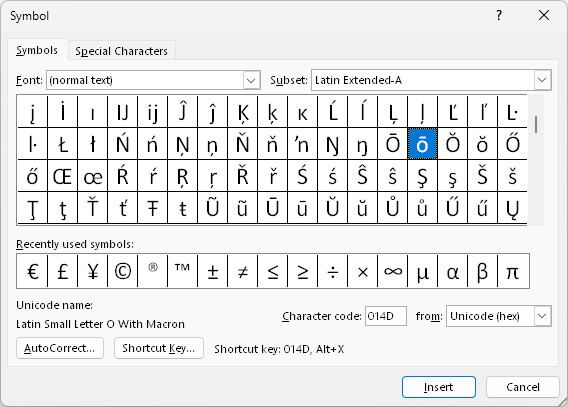 Use the MS Word Symbol dialog to insert characters with kahako