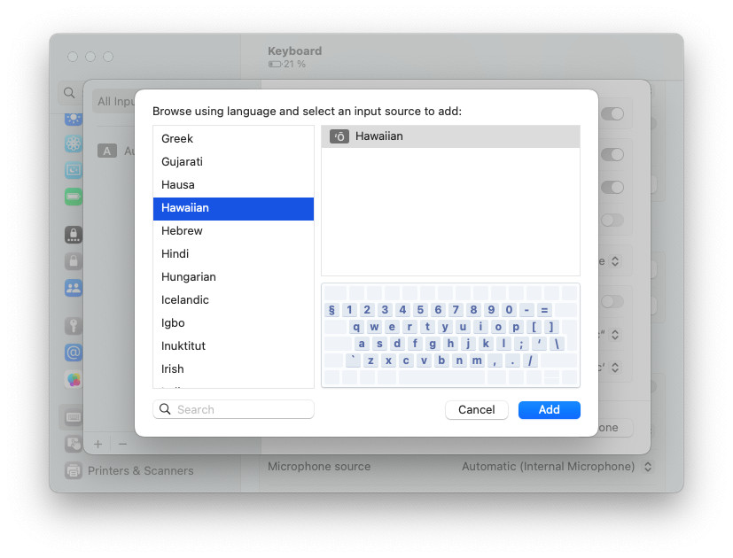 Add the Hawaiian keyboard layout to a Mac in System Settings